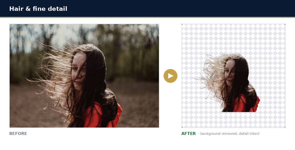 Windswept hair, before and after Smart Background Remover